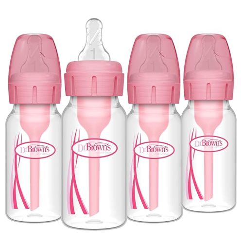 Dr. Brown's Natural Flow Anti-Colic Options+ Narrow Baby Bottle, 4 oz/120 mL, with Level 1 Slow Flow Nipple, 0m+, 4 Pack