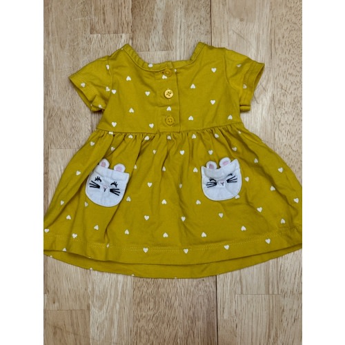 Newborn Dress Carter’s Yellow with white Heart Cat face Front Pocket
