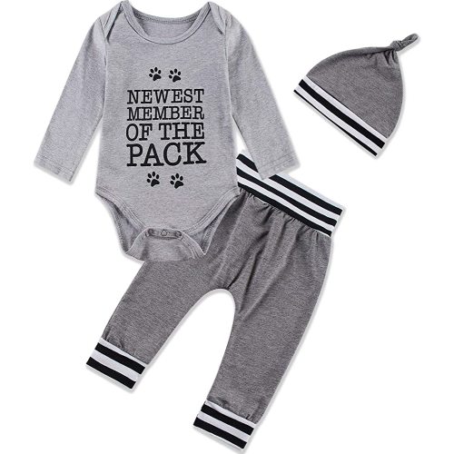 Newborn Baby Boy 3PCS Outfit Set Letter Printed Long Sleeve Bodysuit Clothes+Long Pants+Hat 0-12M