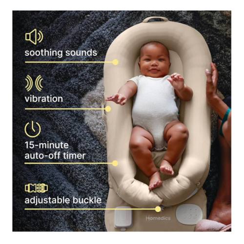 MyBaby 3-in-1 Calming Baby Cushion, Soothing Comfort for Newborns & Infants, Snuggling Sensation, Sound and Vibration, Designed for Safety, Rechargeable & Machine-Washable, by Homedics, Tan
