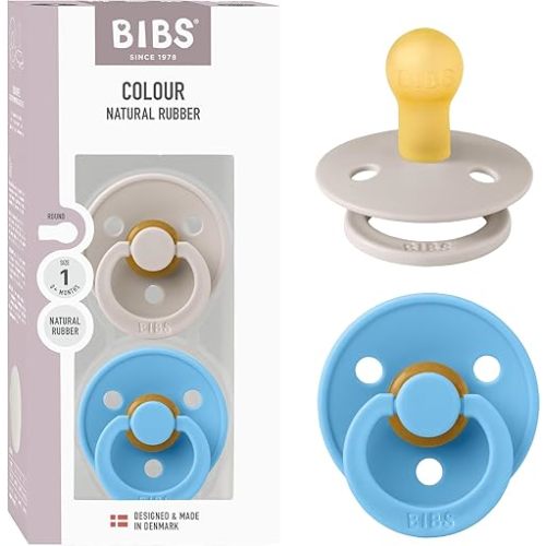 BIBS Colour Pacifier 2-Pack, BPA Free Dummy Binky, Round Nipple. Natural Rubber Latex, Made in Denmark, Size 1 (0-6 Months), Mushroom/Breeze