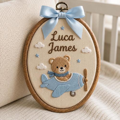 Embroidered Custom Bear Name Hoop, Personalized Airplane Nursery Decor, Nursery Announcement Gift, Baby Shower Gift, Bear Wall Decor