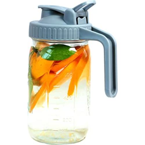 Mason Jar Pitcher With Pour Spout Lids & Handle 32 Oz Glass Wide Mouth Breastmilk Pitcher With Flip Cap For Fridge Iced Tea, Sun Tea, Juice, Coffee Lemonade Fruit Drinks Airtight And Leak Proof