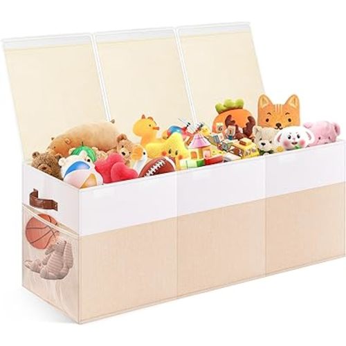 Extra Large Toy Storage Box with Lid, Collapsible Sturdy Toys Chest Storage Organizer Bin Basket with Divider for Kids, Boys, Girls, Closet, Playroom, Bedroom, Nursery, 40"X14"X16", Beige & White