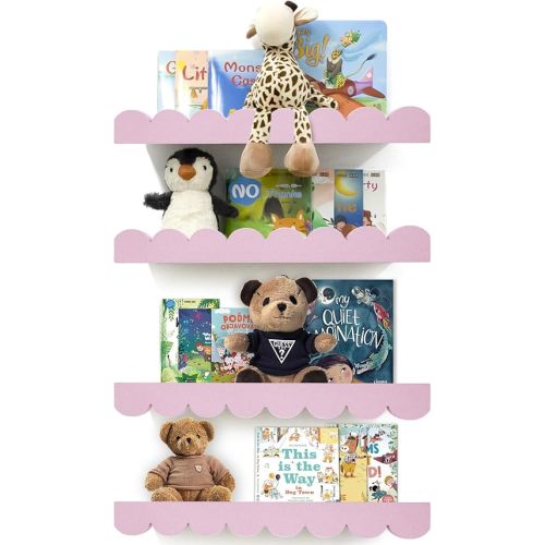 Scalloped Shelves for Nursery - Wall Book Shelves for Bedroom Kids, Nursery Bookshelf for Wall Set of 4, Floating Book Shelves Solid Wood,16 Inch, Pink