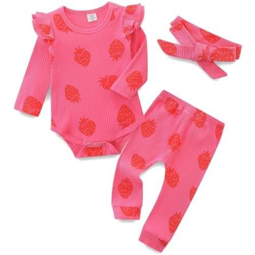 Fullfamous Baby Girl's 3pc Rib Frill Long Sleeve Romper and Pant Set