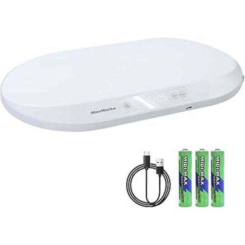 MaxWorks 51075 Baby & Pet Scale – 88 lbs Capacity, Type-C Rechargeable or AAA Battery, Large Platform, Unit Conversion, Lock & Tare, White (g/kg/lb/oz)