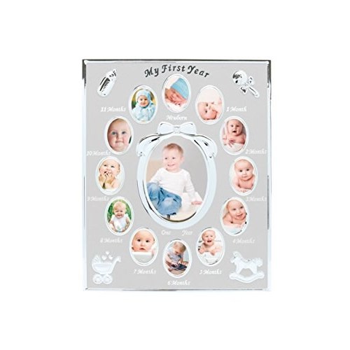 tiny ideas Baby's First Year Picture Frame, 0-12 Month Baby Pictures, Newborn Baby Registry, Classic Gender Neutral Nursery Decor, Silver