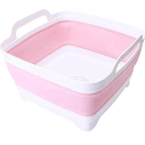 Collapsible Wash Basin 9L, Foldable Dish Tub with Drain Plug, Portable Collapsible Dish Basin, Camping Sink for Washing Dishes, Laundry & Kitchen Use (Pink)