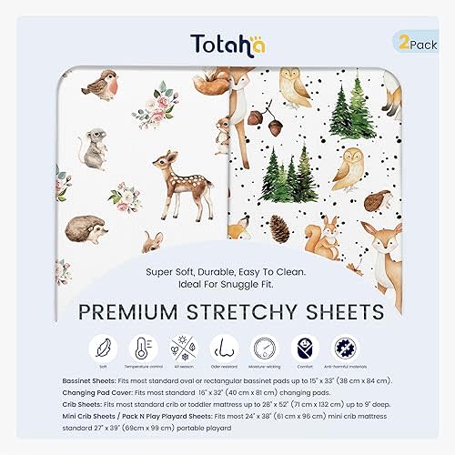TotAha Premium Soft Graco Pack n Play Sheets Fitted, Super Stretchy Jersey Knit Mini Crib Sheets Fitted, Silky Comfort Pack and Play Mattress Sheets, 2 Pack (Forest Animals)