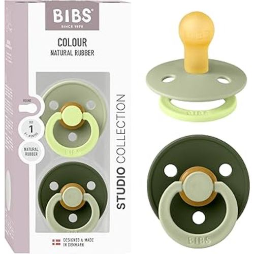 BIBS Colour Studio Pacifier 2-Pack, BPA Free, Round Nipple. Natural Rubber Latex, Made in Denmark, Size 1 (0-6 Months) - Sage/Huntergreen