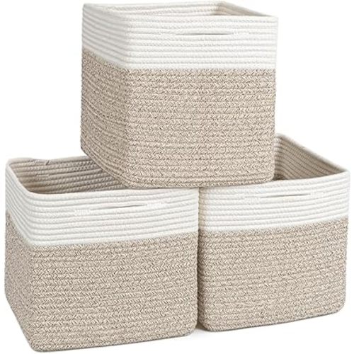 ZLG Cube Storage Bins for Shelf 11x11 Inch Suqare Rope Baskets Baby Toy Organzier Nursery Cube Storage Shelves Woven Storage Basket for Closet, Brown