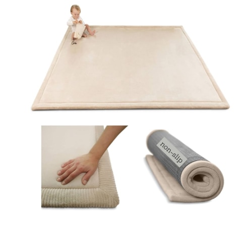 Premium Baby Play Mat 60”x 80” Beige – Cloud-Soft Coral Velvet Memory Foam Rug for Crawling & Play – Non-Slip, Water-Resistant, Easy-Care Tummy Time Mat – Non-Toxic Padded Playmat