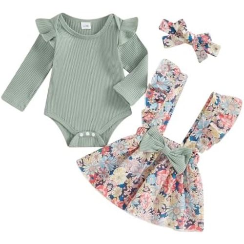 Baby Girl Fall Winter Outfits Newborn Long Sleeve Ruffle Romper Plaid/Floral Suspender Skirt Set 3Pcs Infant Clothes