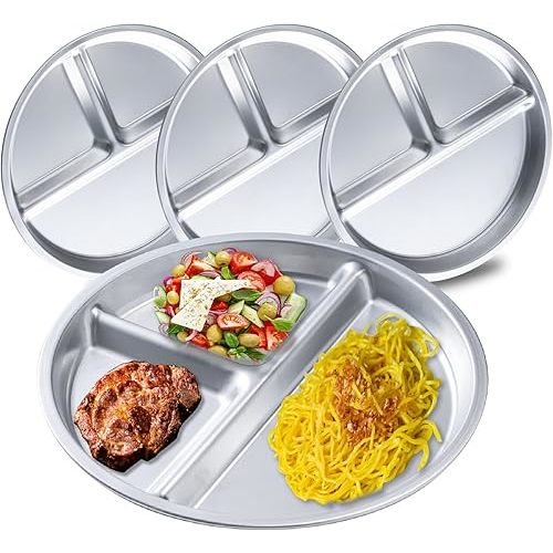 4 Pack 304 Stainless Steel Plates for Kids, 8 Inch 3 Section Round Divided Plates Portion Control Plates Partition Plate for Adults, Camping, Picnic, Home