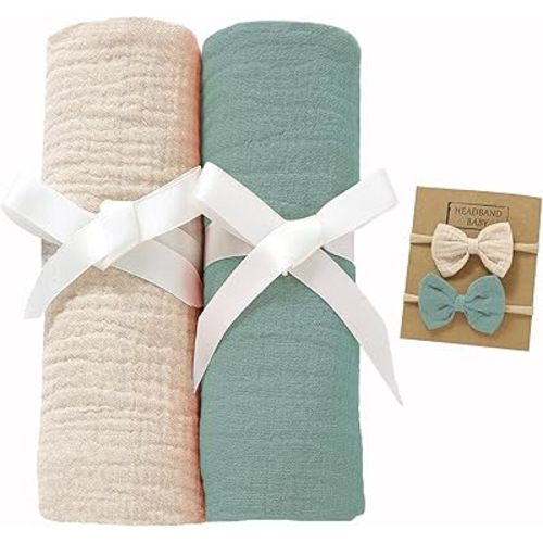 2 Pack Muslin Swaddle Blankets with Headband Set 47x47 in,Large 100% Organic Cotton Muslin Baby Blanket for Newborn Toddlers,Baby Receiving Blankets for Boys and Girls (Khaki+Green)