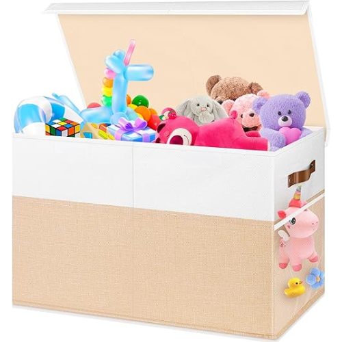 Large Toy Storage Box, Collapsible Sturdy Storage Chest With Lids, Kids Toy Storage Organizer Toddler Bin Boxes, 25"x13"x16" Toy Chest Box Bin Baskets for Living Room, Bedroom, Nursery, Beige & White