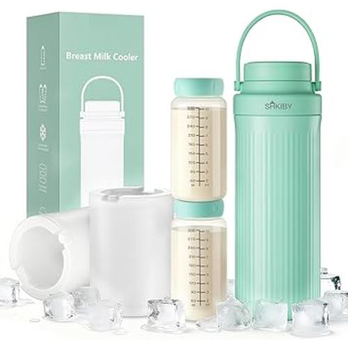 Portable-Breast-Milk-Cooler for Outdoor, Life Saver with 360° Total Cooling for 24 Hours, Larger Capacity Travel Breastmilk Chiller with 2pcs Baby Bottles for Breastmilk Storage, Green