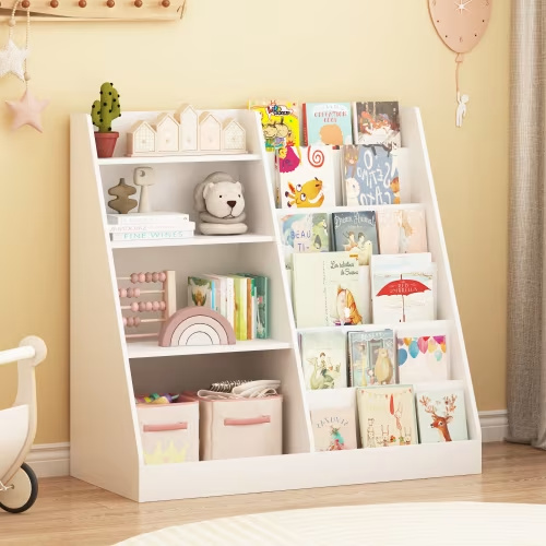 4 Tier Kids Bookshelf and Toy Storage Organizer,Multifunctional Wooden Kids Book Shelf with Bookcase Display Stand for Kids Room,Playroom,White