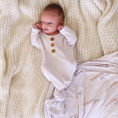 Sloane's Squares Waffle Bamboo Newborn Baby Knot Gown & Hat Set