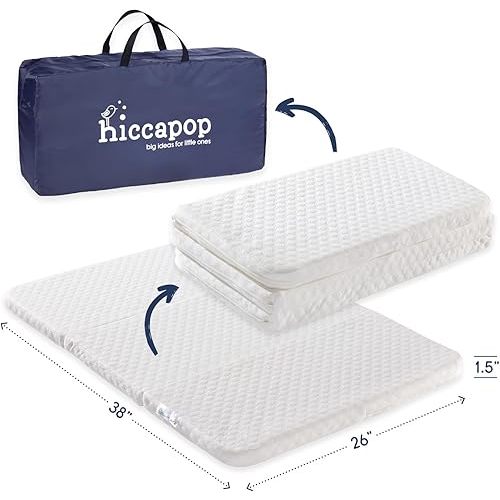 hiccapop Tri-fold Pack and Play Mattress Pad for Travel (38"x26"x1.5") with Carry Bag, Playard Mattress for Pack and Play, Pack N Play Mattress Topper with Washable Cover, 1.5" Thick