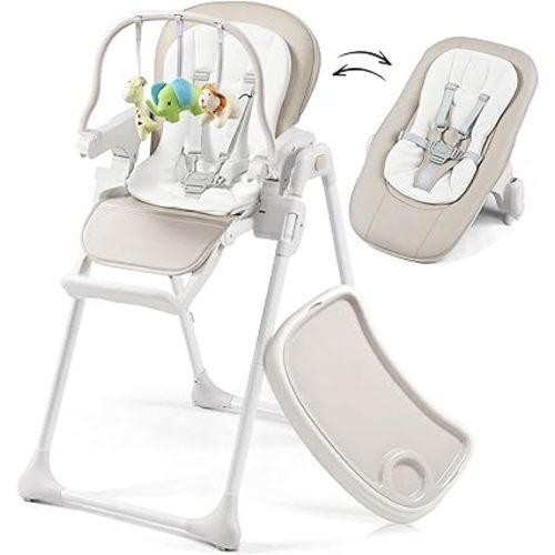 3-in-1 Convertible Baby High Chair, 6 Height & 3 Recline Adjustable High Chairs for Babies and Toddlers, Foldable High Chair with 3 Detachable Toys, Built-in Rear Wheels, Removable Seat & Tray, Taupe