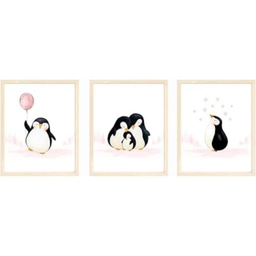 bumbleboo Baby Penguin Nursery Wall Prints, Play Room Decoration, Nursery Wall Art, Baby Girl Room Decor, Penguin Family Print Set, Unframed, Set of 3 Prints, 8x10 (Pink)