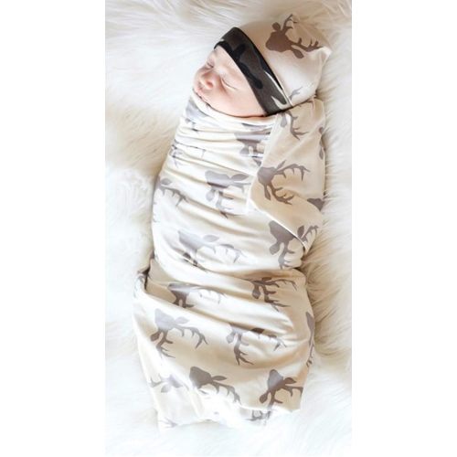 IWOKA Soft Newborn Baby Deer Print Blanket Bedding Blanket Wrap Swaddle Blanket Bath Towel+Hat