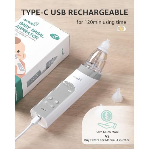 GROWNSY Nasal Aspirator for Baby, Electric Nose Aspirator for Toddler, Baby Nose Sucker, Automatic Nose Cleaner with 3 Silicone Tips, Adjustable Suction Level, Music and Light Soothing Function - Grey