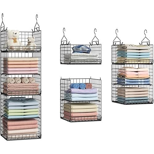 5 Tier Closet Hanging Organizer and Storage Separable Hanging Closet Shelves with 4 Hanging Hooks 2 Adjustable Dividers, Wire Storage Basket Bins for Clothing Sweaters Socks Dolls Handbags, Foldable