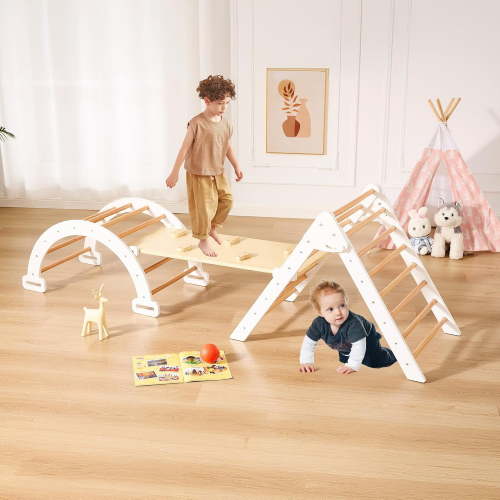 Pikler Triangle Set, Foldable Toddler Climbing Toys, Wooden Montessori Climbing Set for Kids Ages 2-8, Indoor Playground Jungle Gym for Toddlers, Baby Climbing Toys with Arch, Ramp and Ladder