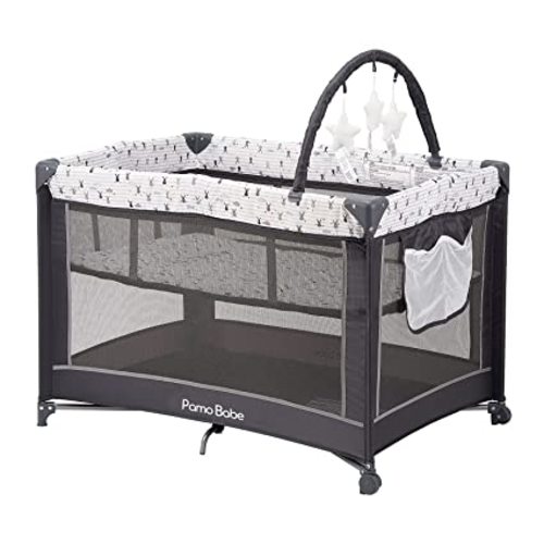 Pamo Babe Portable Playard,Sturdy Play Yard with Padded Mat and Toy bar with Soft Toys