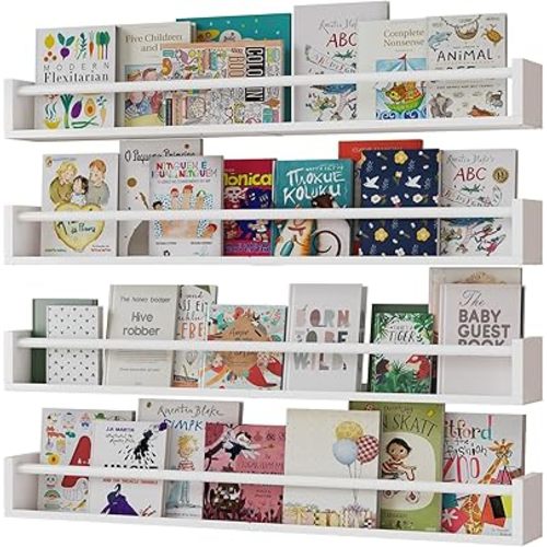 33Inch Nursery Book Shelf Made of Mostly of Metal and a Little Pine, Set of 4, Wall Monted Floating Shelf with Lip, Wall Bookshelf for Kids, Hanging Shelves White ，Patent Number:29947306