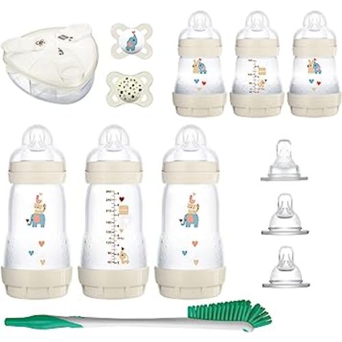 MAM Baby’s First Gift Set, 0+ Months, 5oz and 9oz Anti-Colic Bottles with Self-Sterilization, SkinSoft Silicone Nipples and Pacifiers, Dishwasher Safe Formula Dispenser and Bottle Brush, Unisex