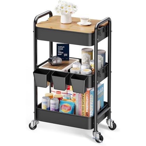 3 Tier Rolling Cart with Wood Table Top, Rolling Cart Table on Lockable Wheels,Rolling Side Table with Storage, Black Utility Carts for Arts and Crafts, Dorm, Medica, Laundry Room, Roller Book Shelf