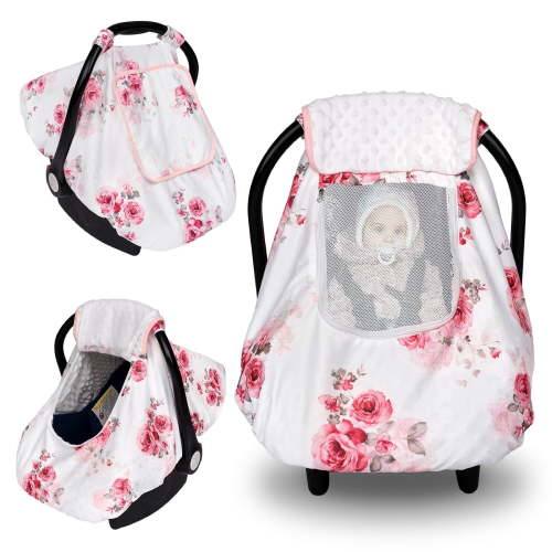 Beavtaens 3-in-1 Infant Car Seat Cover, Winter Canopy with Breathable Mesh, Pink Flower