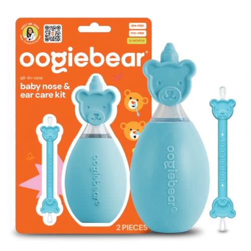 oogiebear All-in-One Baby Nose & Ear Care Breathing Kit, 2 Pieces, Blue | Snot Buster™ Nasal Aspirator & Nose Cleaner, Safe Mucus & Dual-Ended Ear Wax Remover Newborns, Infants & Toddlers, BPA-Free