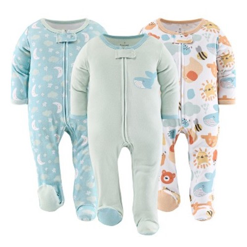 The Peanutshell Happy Sunshine Neutral Footed Baby Sleepers for Boys or Girls, 3-Pack, Newborn to 9 Months, Size: 0-3 months