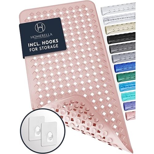 Homerella Bath Mat for Tub Non Slip Mold Resistant 35x16 - Shower Mat Non Slip Anti Mold - Bathtub Mat Suction Cups incl. Hooks for Drying - Rose Vinyl Rectangular