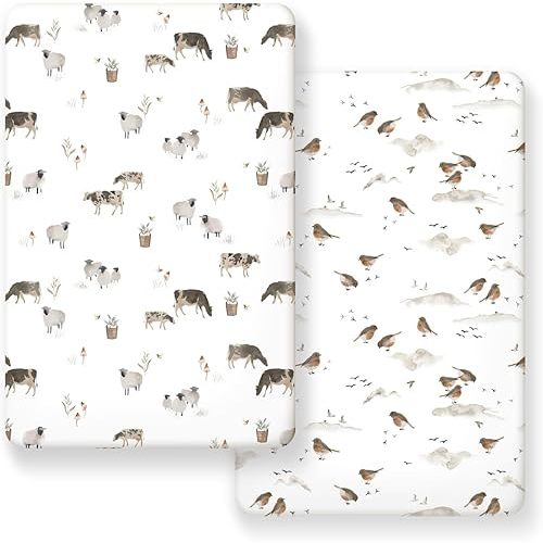 Pack n Play Sheets Fitted 2 Pack, Stretchy Ultra Soft Jersey Knit Pack and Play Sheets, Universal Fitted Portable/Mini Crib Mattresses Snug and Safe, Stylish Pattern for Boy and Girl