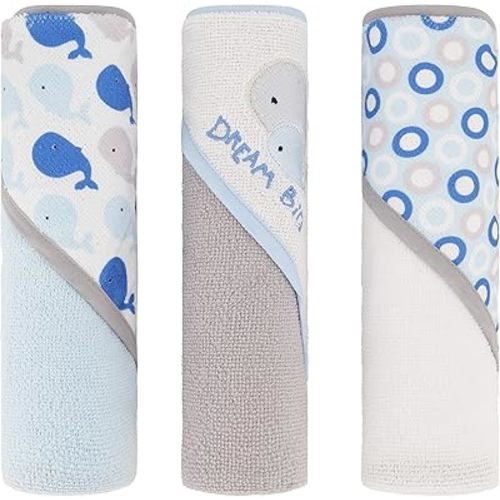 Cudlie Buttons & Stitches Baby Boy 3 Pack Rolled/Carded Hooded Towels in Dream Big Whale Print Cotton (GS71724)