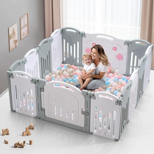 Baby Playpen, Uanlauo Safety Play Yard, Easy Assemble Play Pens for Babies and Toddlers, Sturdy Baby Gate Playpen, Toddler Playpen, Portable Indoor Outdoor Use, Foldable Baby Playpen (14 Panel, Grey) - 14 Panels - 14 Panels(Grey+White)