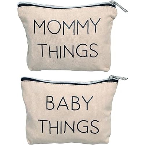 Pearhead Mommy and Baby Things Pouch Set, Canvas Zipper Organizer Bags for Diaper Bag and Travel, Cosmetic and Makeup Bag for Mom