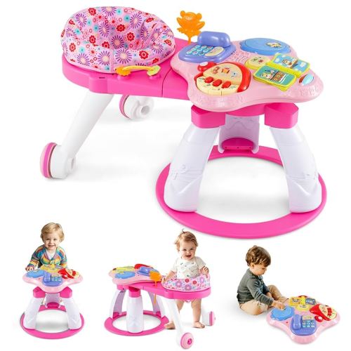 BABY JOY 3 in 1 Walk Around Baby Activity Center, Discovery Play Center with Interactive Toys & Music, Wheels, 3 Adjustable Seat Heights, Toddler Activity Table for Boys Girls 6-36 Months (Pink)