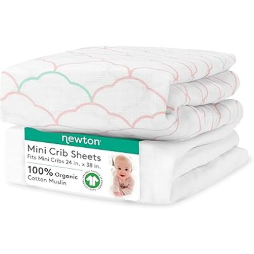 Newton Baby Mini Crib Fitted Sheets (2-Pack) | Organic Muslin Cotton, Ultra Breathable & Soft Baby Sheets, Washable Baby Mattress Sheets, Fits Any Mini Sized Crib 24" x 38", Dreamweaver Coral + White