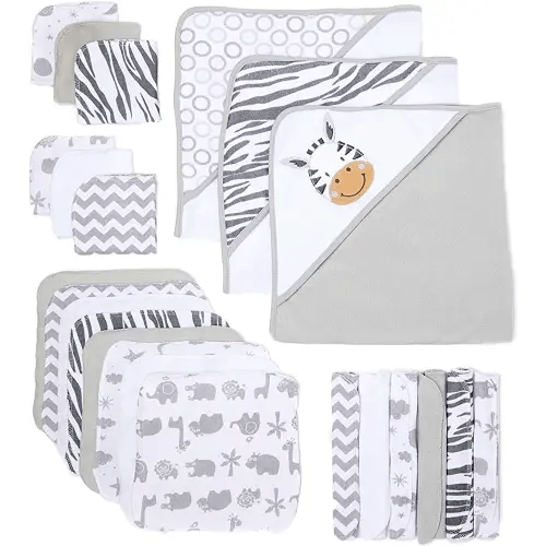 Spasilk 23-Piece Soft Terry Hooded Bath Towel and Washcloth Gift Set, 3 Baby Towels and 20 Baby Washcloths for Unisex Newborn Bath Essentials, Ideal, White Zebra