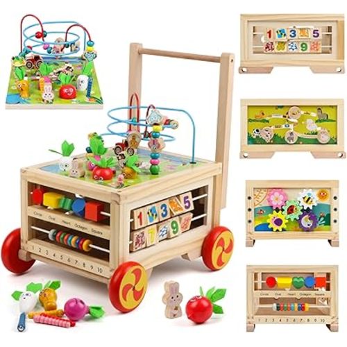 Wooden Activity Cube 7-in-1 Montessori Toy Multipurpose Educational Learning Toy for 1+ Year Old Baby Toddler Kid Boy First Birthday Gift Bead Maze Gear Number Animal Board Carrots Harvest Game