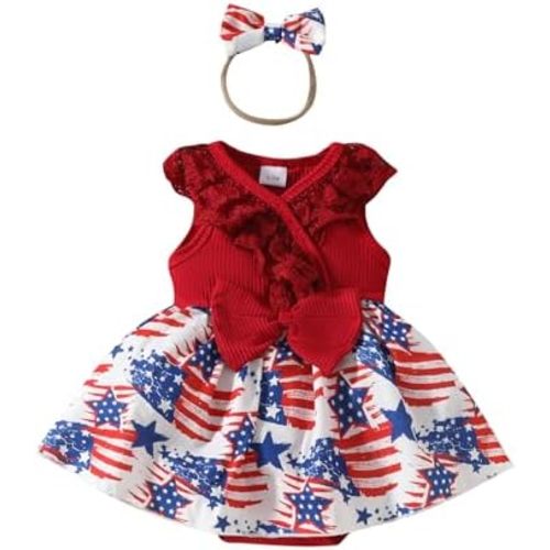 FYBITBO Baby Girl 4th Fourth of July Outfit My First 4th of July Romper Dress Newborn Onesie American Flag Clothes