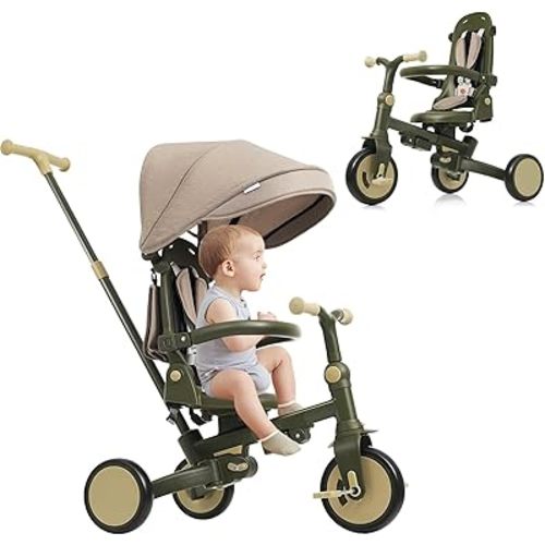 Toddler Tricycle, 7 in 1 Folding Kids Trike for 1-6 Years Old Boys and Girls Gift, Balance Bike with Removable Pedal, Canopy, and Guardrail, Adjustable Push Handle and Seat Height (Dark Green)