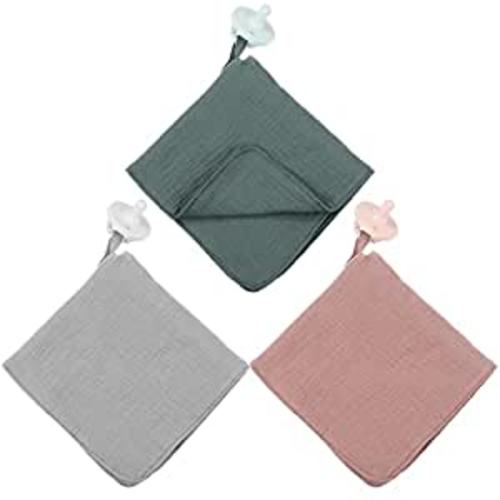 3 Pieces Organic Cotton Muslin Baby Blanket with Snap Closure Pacifier Blanket Loveys for Babies Mini Baby Lovey with Holder Security Blanket (Pacifier Not Included)